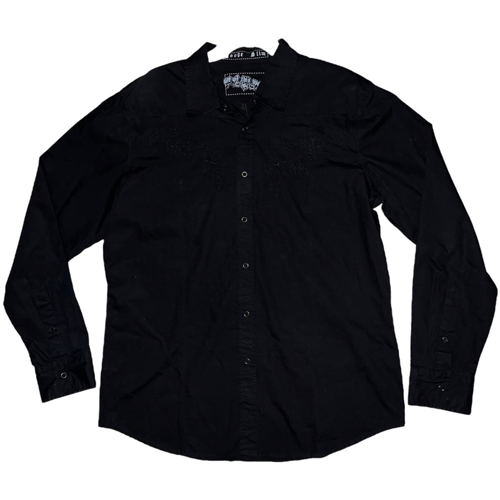 Not Of This World Mens Black Embroidery Dress Shirt Slim Sz L 1 Corinthians 1:18